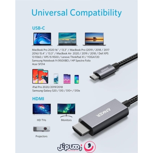 کابل تبدیل Type-C به HDMI انکر مدل Anker USB-C to HDMI 4K 60Hz A8730 طول 1.8 متر