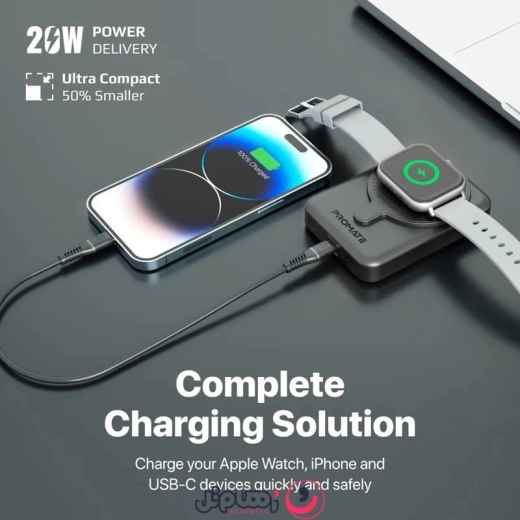 پاوربانک پرومیت مدل POWERMAG-DUO.BLACK ظرفیت 10,000 میلی&zwnj;آمپر ساعت و توان 20 وات