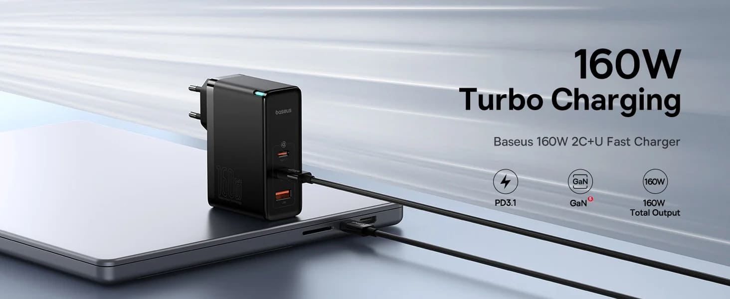 شارژر دیواری 160 وات باسئوس مدل GaN5 Pro به همراه کابل تبدیل USB-C