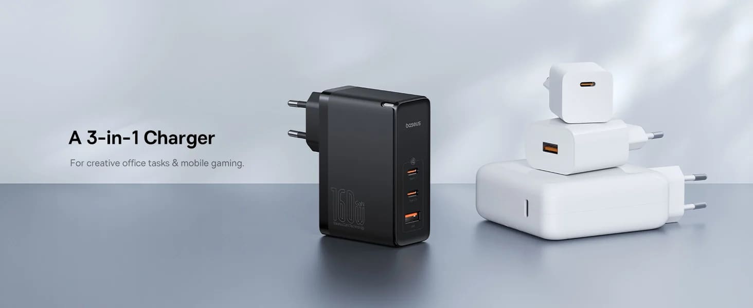 شارژر دیواری 160 وات باسئوس مدل GaN5 Pro به همراه کابل تبدیل USB-C