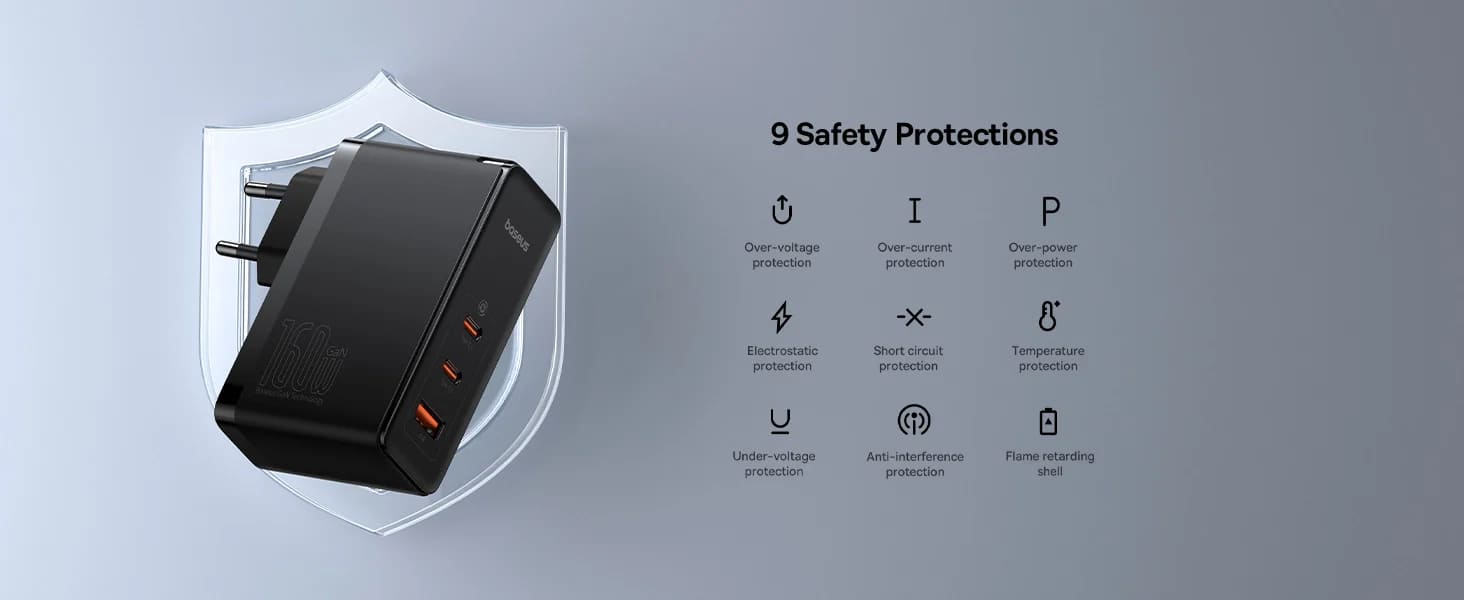شارژر دیواری 160 وات باسئوس مدل GaN5 Pro به همراه کابل تبدیل USB-C