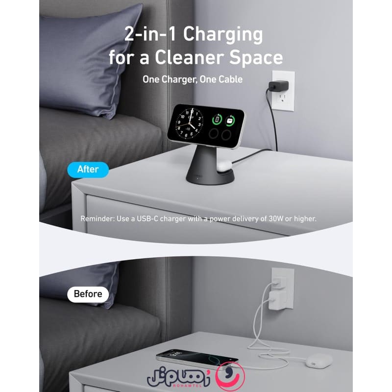 شارژر بیسیم 2 در ۱ انکر مدل MagSafe Compatible 2-in-1 Charging Stand 15W Qi2 A25M7