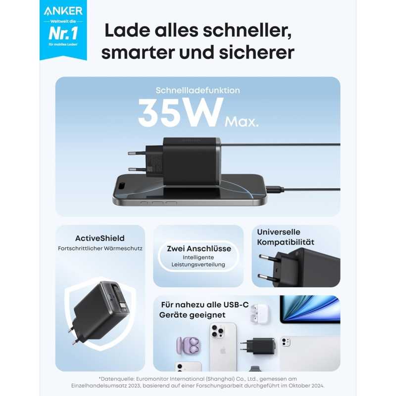 شارژر انکر به همراه کابل متصل مدل Anker Nano USB C Charger Block 35W Max 2-Port A2658