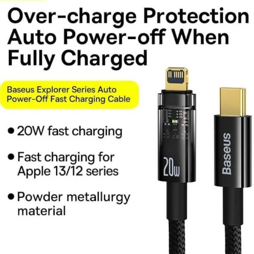 ویژگی های کابل USB-C به لایتنینگ بیسوس مدل Explorer CATS000101 طول ۲ متر توان ۲۰ وات