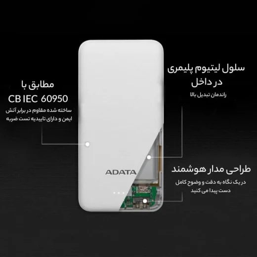 ساختار درونی پاوربانک ای دیتا مدل ADATA T10000 ظرفیت 10000 میلی&zwnj;آمپر ساعت